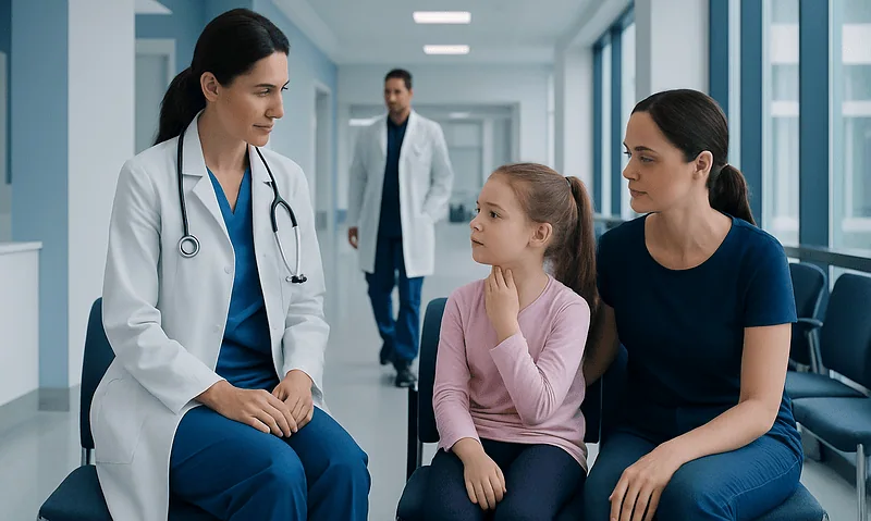 Doctor consulting with young girl and mother in hospital corridor.