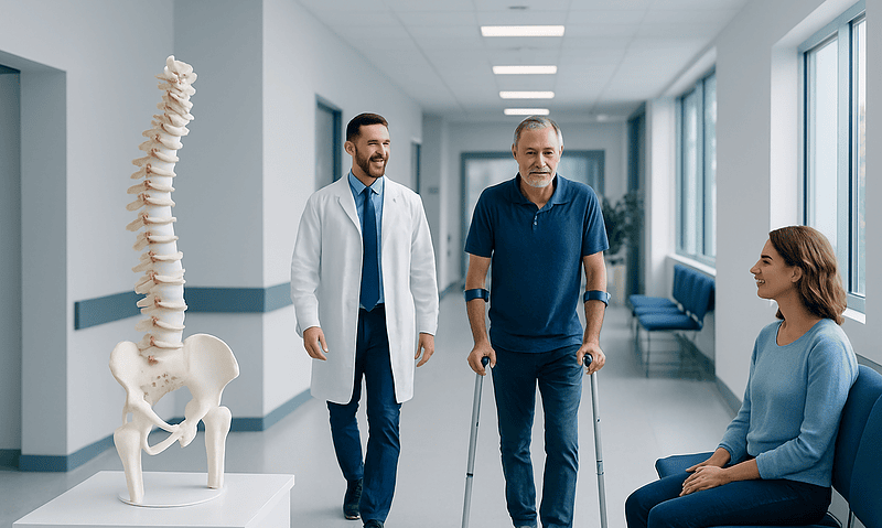 Patient with walker consulting with doctor in hospital corridor.