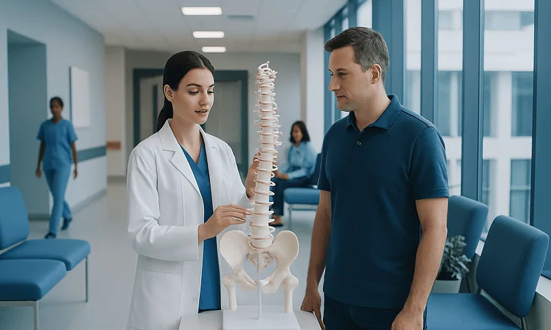 Spinal Fusion Surgery: Who Is a Candidate and What to Expect 11 Doctor explaining spinal anatomy to patient in hospital corridor.