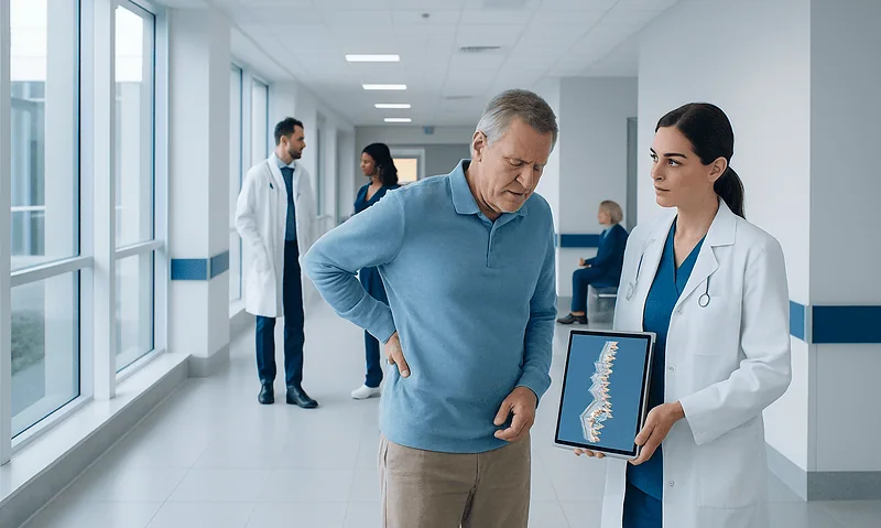Doctor explaining spinal condition to patient in hospital corridor.