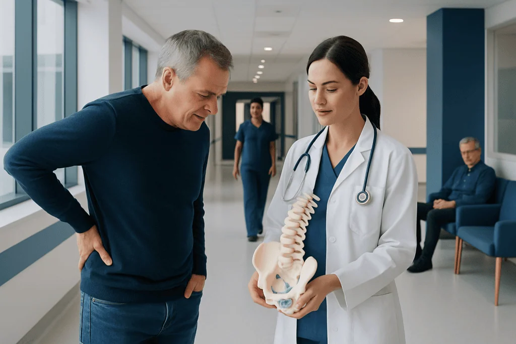 Spinal Stenosis: Early Symptoms, Progression, and Treatment Choices 1 Doctor explaining spinal anatomy to patient in hospital corridor.