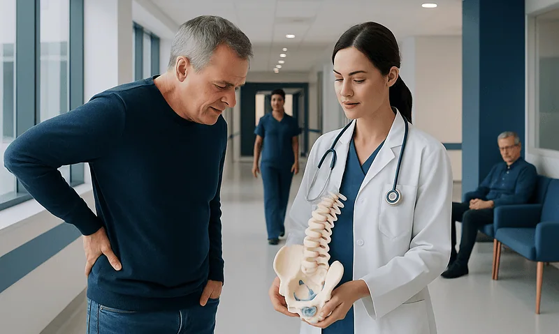 Doctor explaining spinal anatomy to patient in hospital corridor.