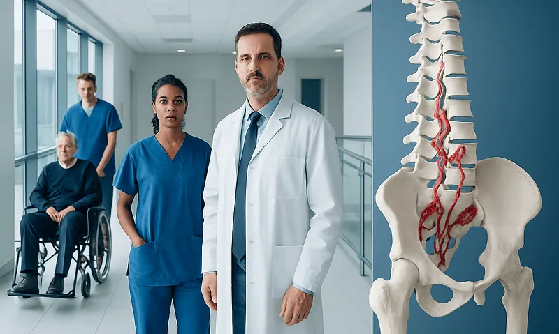 Medical team with spinal model in hospital corridor.
