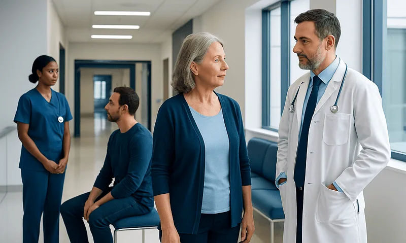 Stage 3 Kidney Disease: What Changes in Stage 3A and 3B? 5 Doctor talking to a senior woman in a hospital corridor with patients nearby.