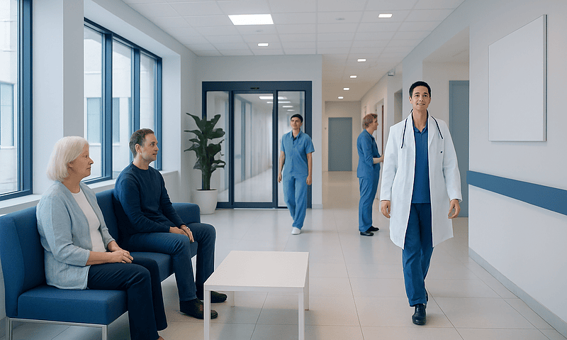 Modern hospital corridor with patients and medical staff.