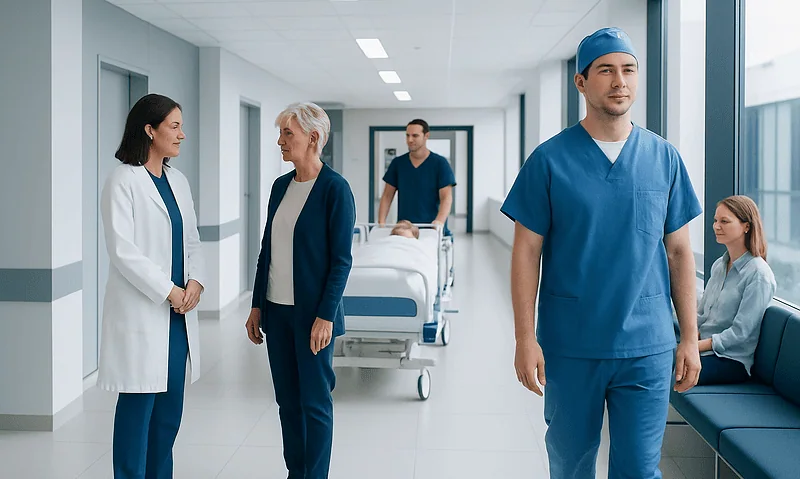 Medical team and patient in hospital corridor with beds and large windows.