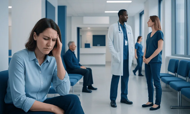 Woman with headache in hospital corridor, healthcare professionals in background.