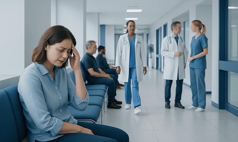 Woman with headache in hospital corridor with medical staff in background.