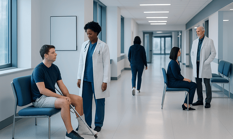 Patient consulting with doctor in hospital corridor.