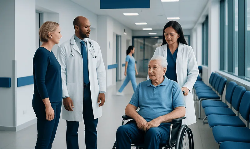 Medical team discussing stroke patient care in hospital corridor.
