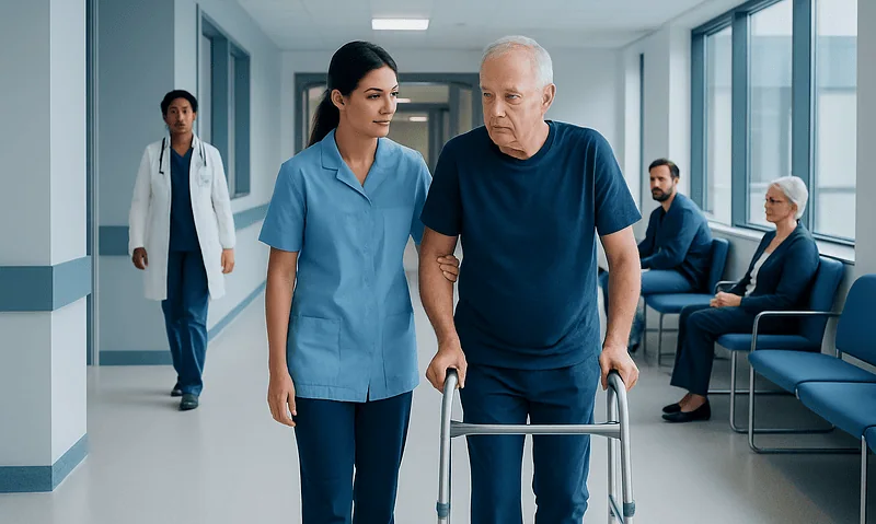 Elderly man with walker receiving assistance from nurse in hospital corridor.