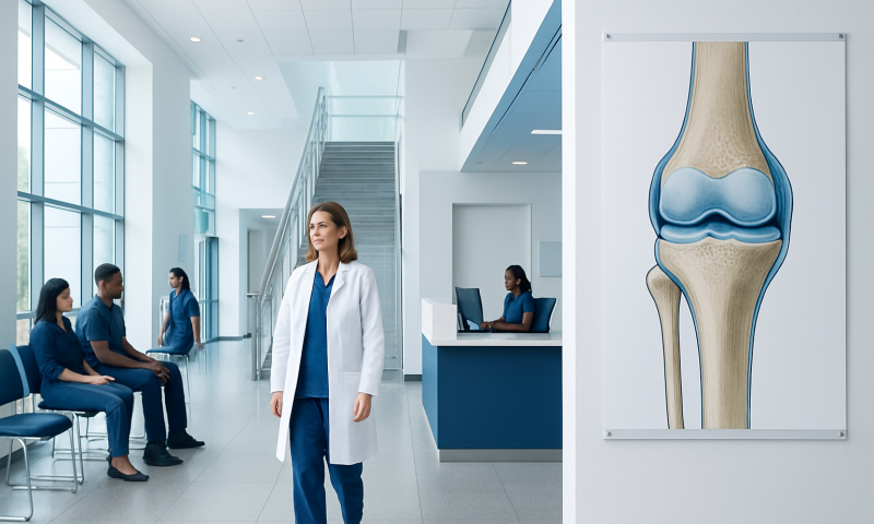 Medical professionals and patients in a modern hospital waiting area.