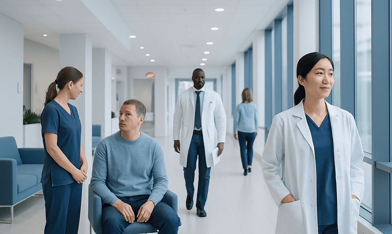 T-Cell Leukemia: Symptoms, Diagnosis, and Treatment 4 Medical professionals and patient in a hospital corridor.
