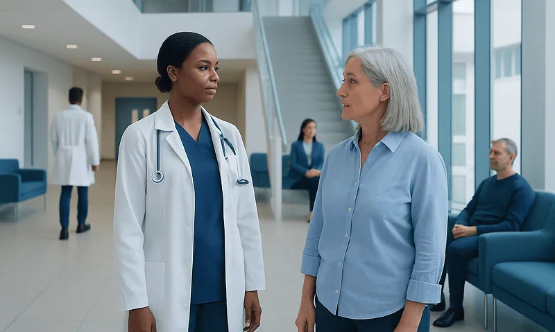 T-Cell Therapy for Cancer: Types and Treatment Process 3 Medical professional and patient engaging in conversation in hospital lobby.