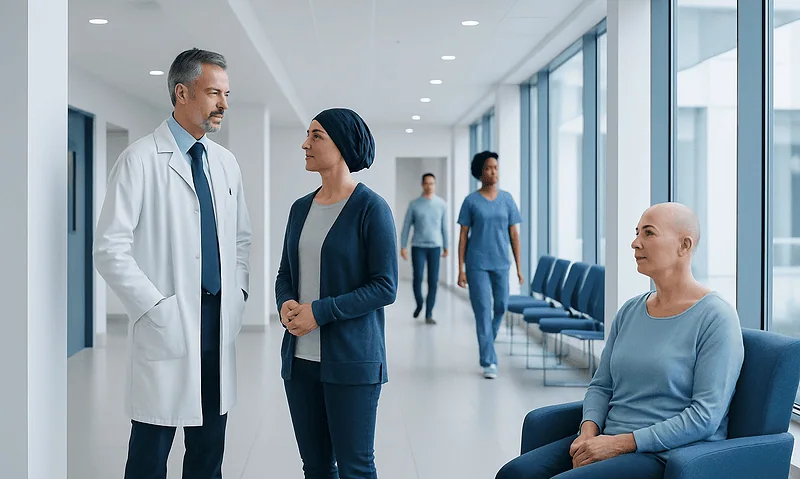 Doctor talking to patient in hospital corridor with medical staff in background.