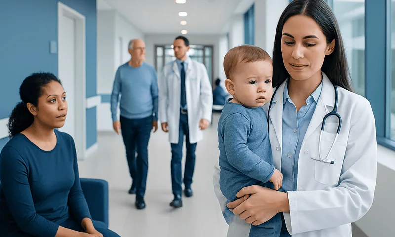 Pediatrician holding a young child in a hospital corridor with family members nearby.