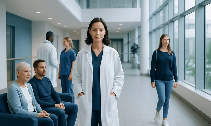 Diverse group of patients and a doctor in a modern hospital corridor.
