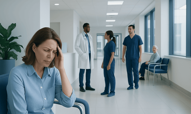 Woman with headache in hospital corridor with medical staff and patient.