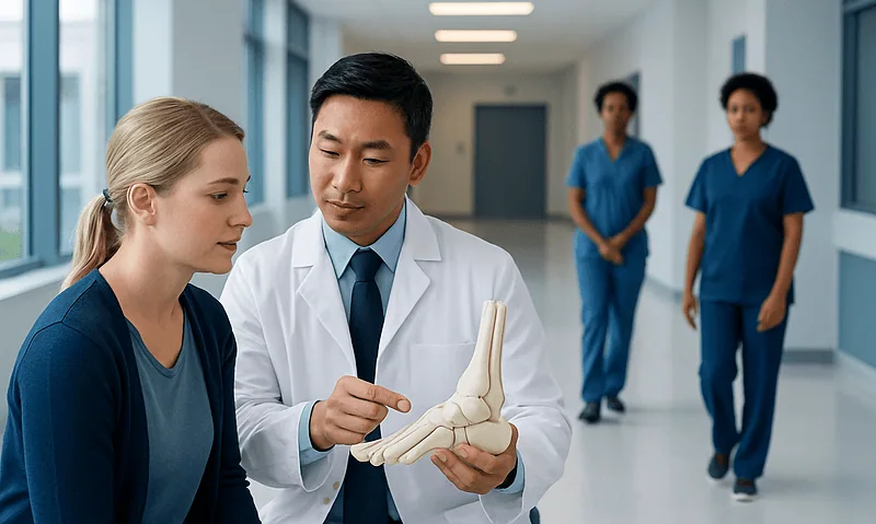 Doctor explaining ankle bones to a patient in a hospital corridor.