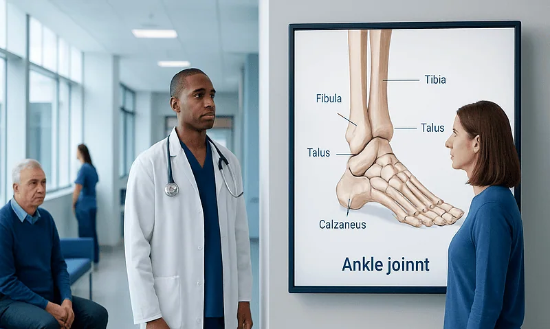 Doctor explaining ankle joint anatomy to a patient in a hospital setting.