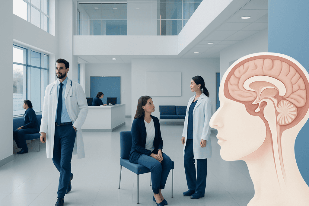 Anterior Pituitary Hormones: What They Do in the Body 1 Medical consultation in a modern hospital with brain diagram.