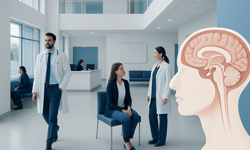 Medical consultation in a modern hospital with brain diagram.