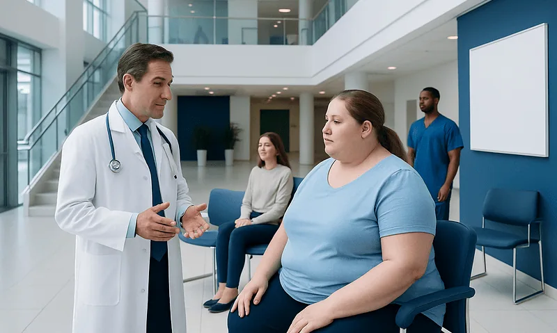 Doctor consulting with a patient in a hospital waiting area.