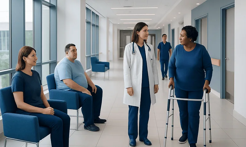 Patients waiting in hospital corridor with nurse assisting a patient with walker.