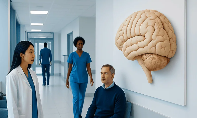 Medical consultation about brain health with a large brain model in hospital corridor.