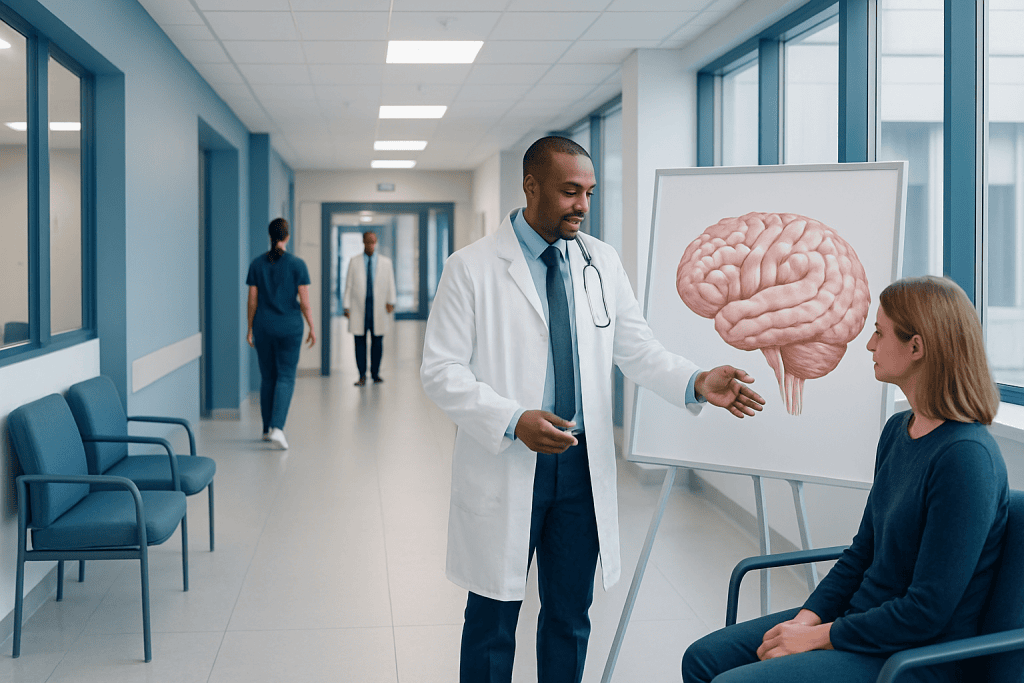 Brain Anatomy Explained: Key Structures in Simple Terms 1 Doctor explaining brain anatomy to a young patient in hospital corridor.