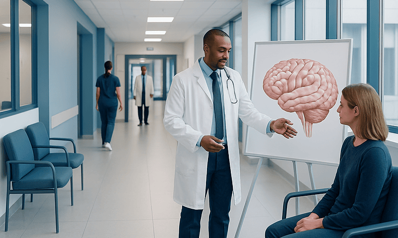 Doctor explaining brain anatomy to a young patient in hospital corridor.