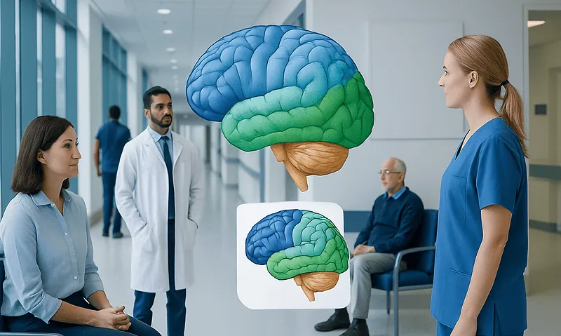 Medical professionals discussing the brain's lobes in a hospital corridor.