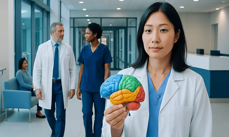 Lobes of the Brain: What They Control and Symptoms of Damage 15 Medical professional holding a colorful brain model in a hospital corridor.