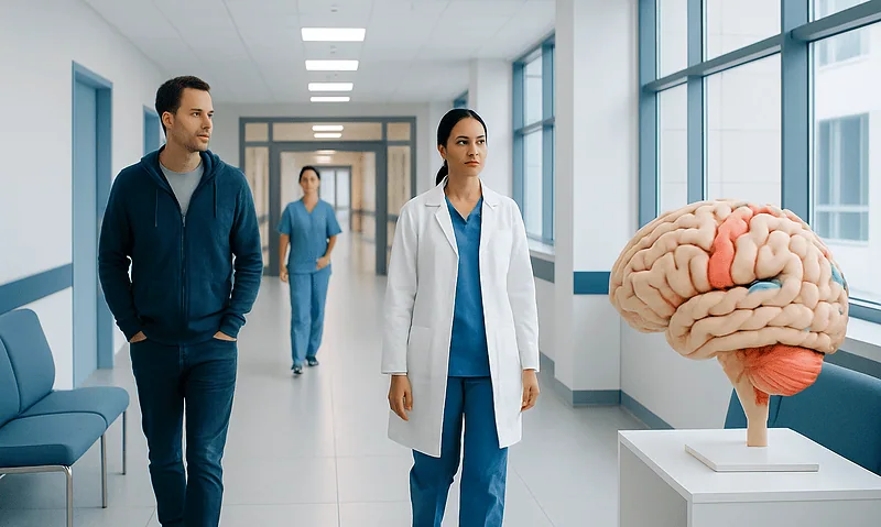 Medical professionals discussing brain model in hospital corridor.