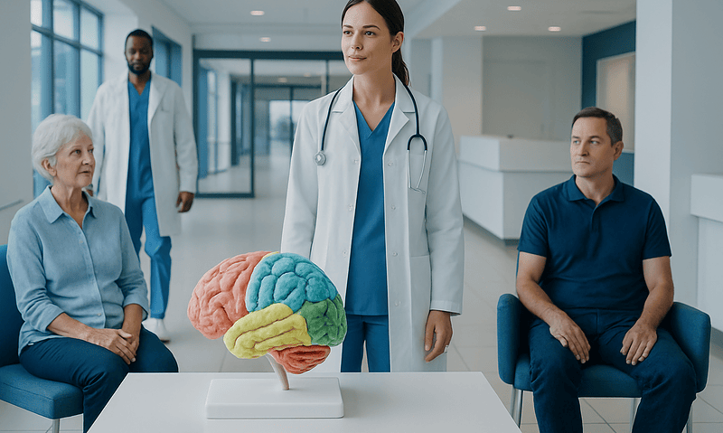 Medical professional explaining brain model to patients in hospital.