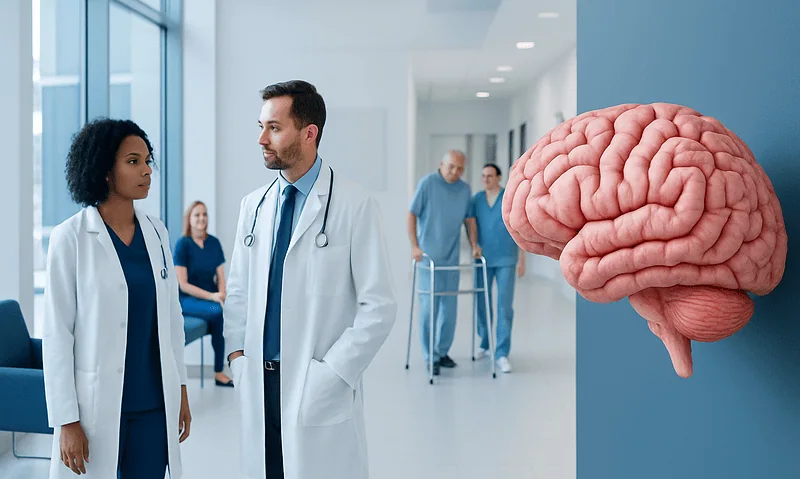 Medical professionals discussing brain health in hospital corridor.