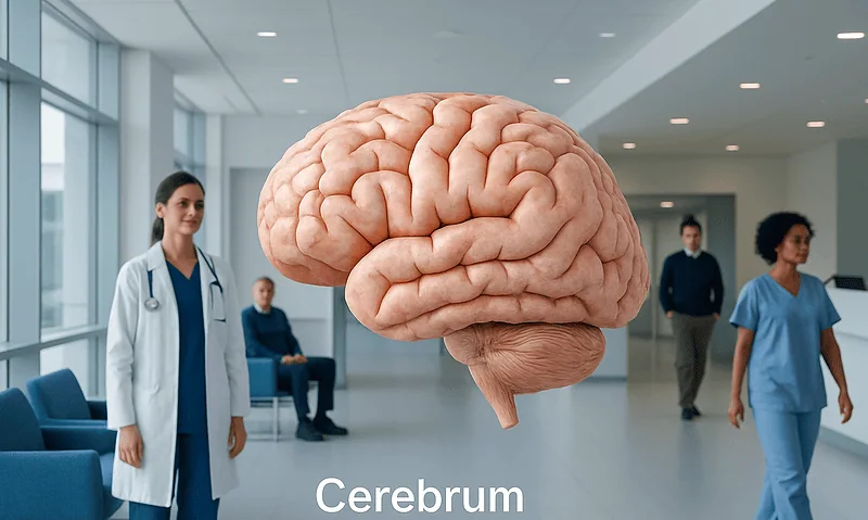 Cerebrum and Cerebral Cortex: Functions, Lobes, and Common Disorders 16 Large 3D illustration of a human brain in a hospital setting.
