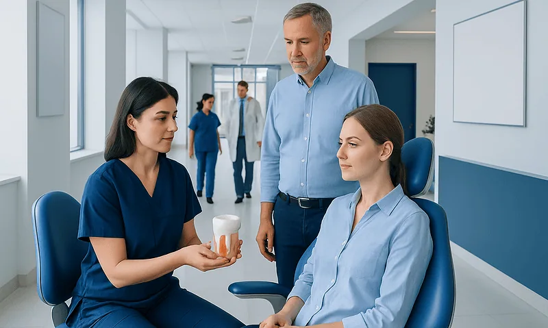 Dentist explains dental crown procedure to patient in clinic.