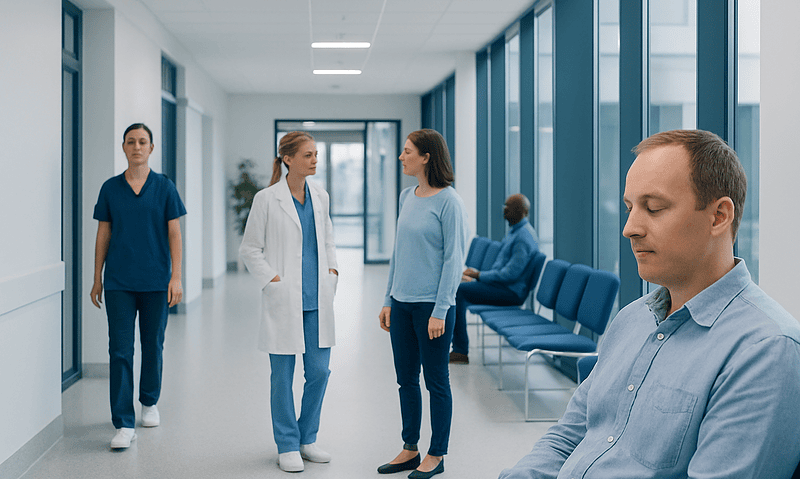 Patients and medical staff in a hospital corridor at Acibadem Hospitals Group.