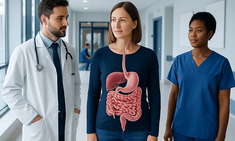 What Is the Digestive System? Organs, Functions, and How Digestion Works 18 Medical professionals discussing digestive system health in hospital corridor.