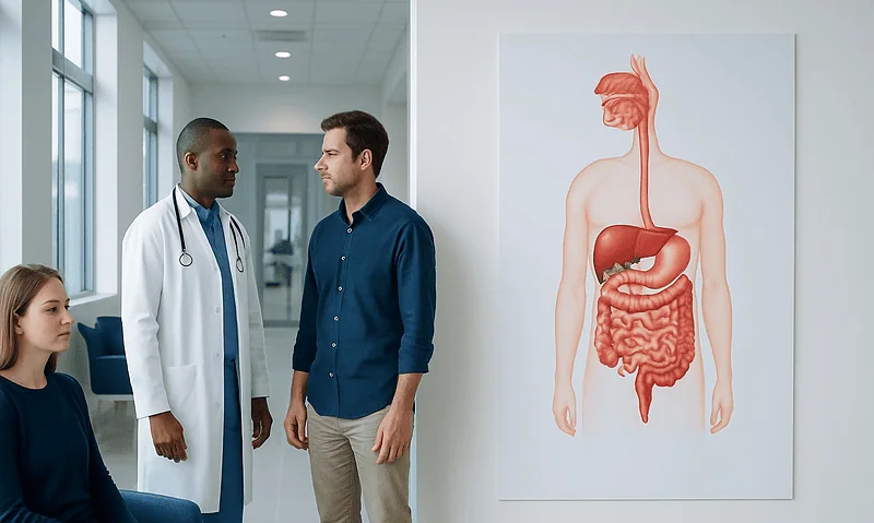 Digestive System Diagram Explained: Main Organs and Their Roles 17 Doctor explaining digestive system to patient in hospital setting.
