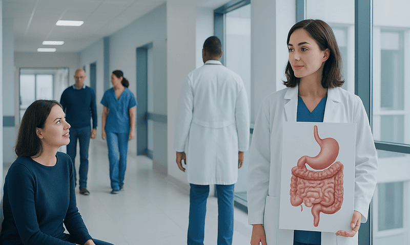 What Is the Digestive System? Organs, Function, and How Digestion Works 6 Doctor explaining digestive system to patient in hospital corridor.
