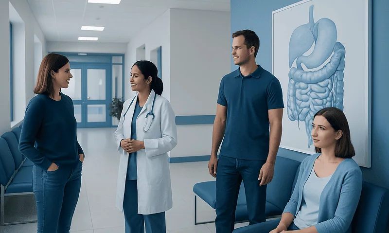 Digestive System 101: What It Is and How It Works 3 Medical team consulting with patient in hospital corridor.