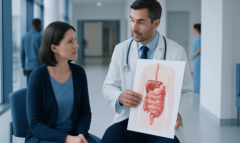 Doctor explaining digestive system to patient in hospital corridor.