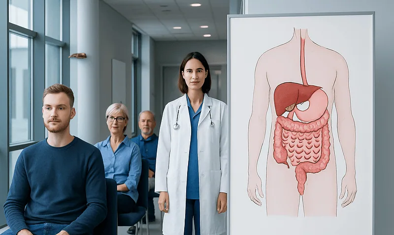 Medical consultation on digestive system with doctor and diagram.