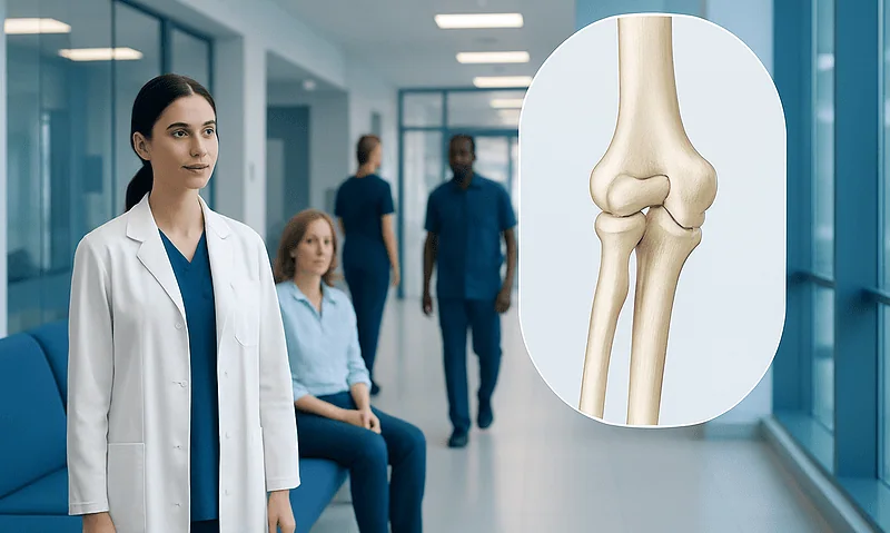 Medical team discussing elbow joint anatomy in hospital corridor.
