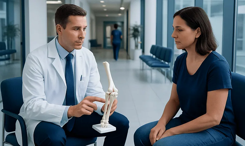 Orthopedic doctor explaining elbow joint anatomy to patient in hospital.