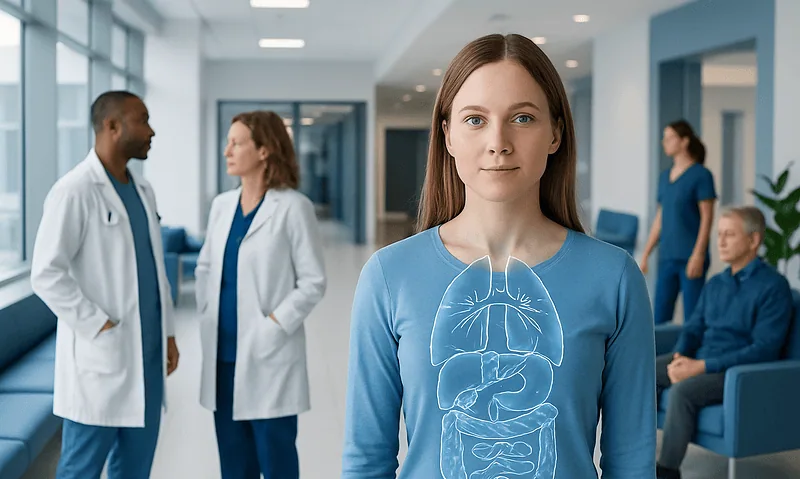 Young woman with digestive system diagram in hospital corridor.