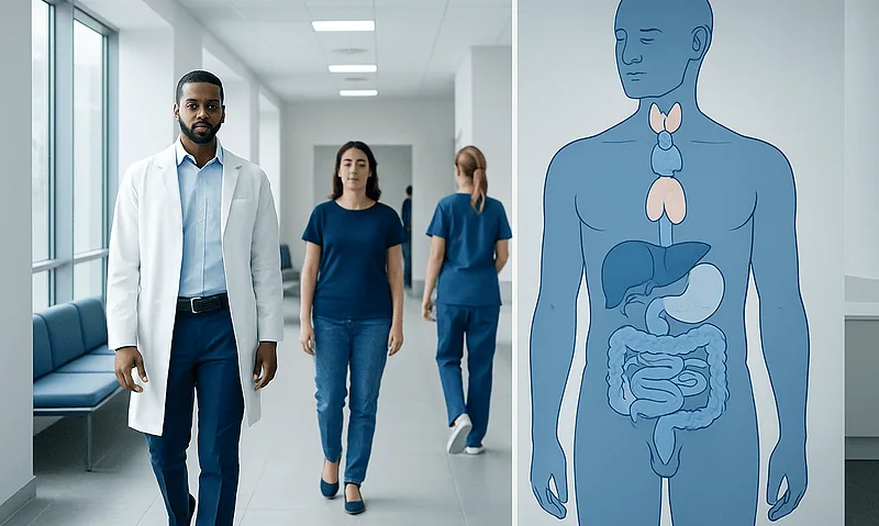 Medical professionals and an anatomical diagram of the endocrine system.