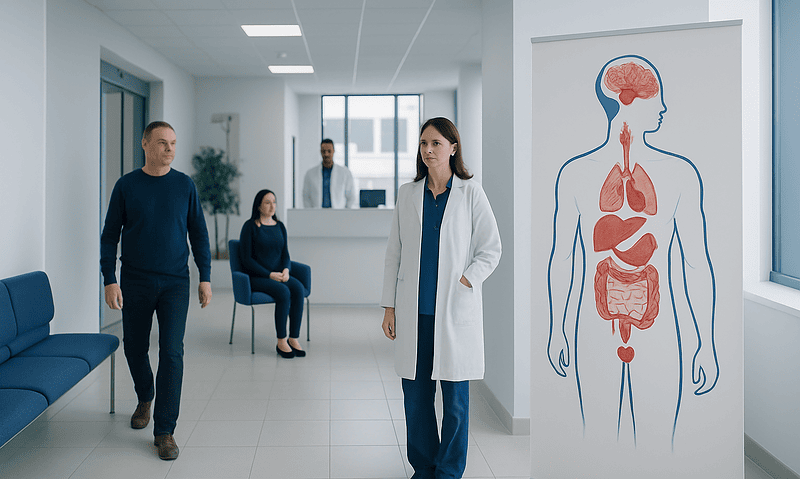 Doctor and patients in a hospital corridor with a human body diagram.
